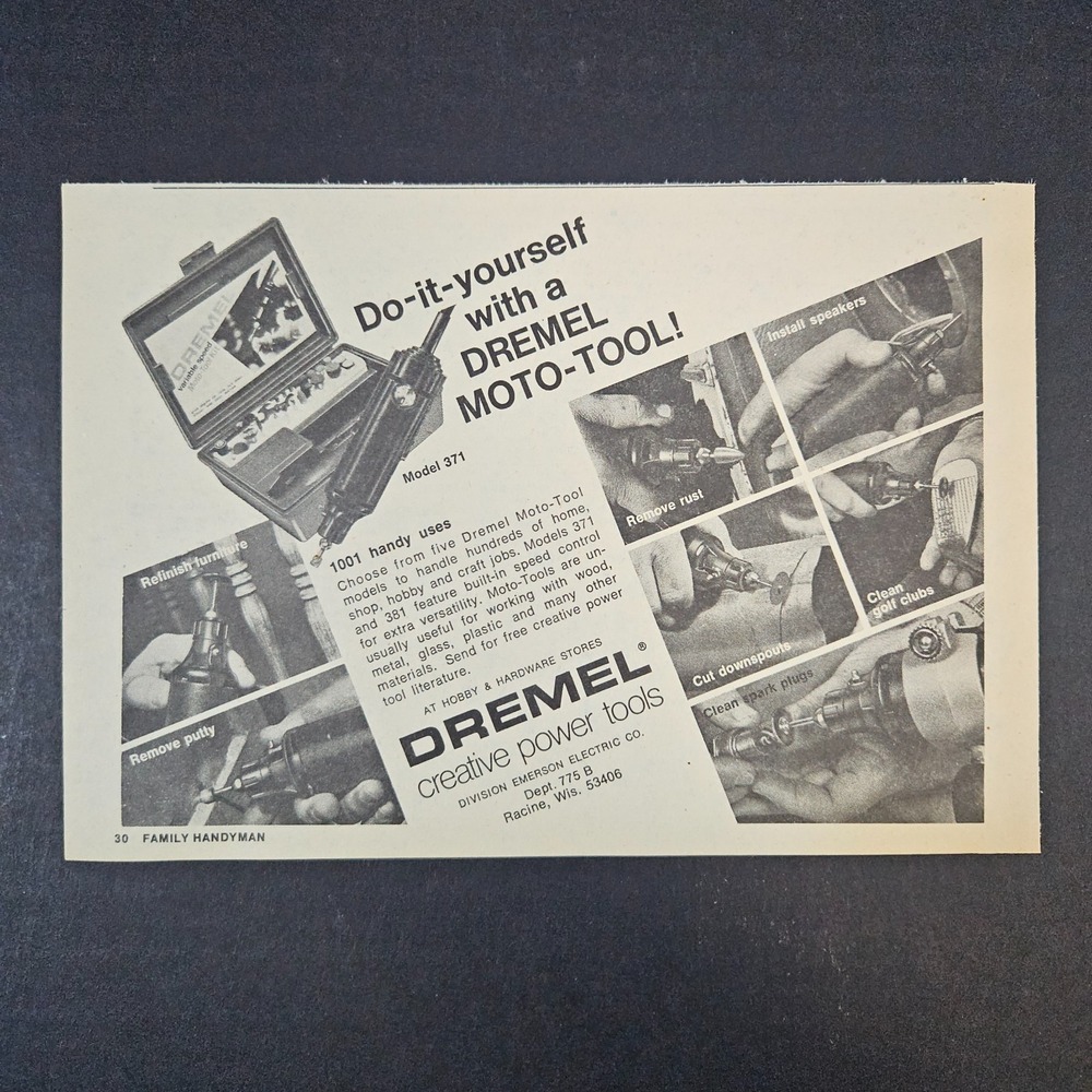 1975 Dremel Moto-Tool Vintage Print Ad Creative Power Emerson Electric Racine WI
